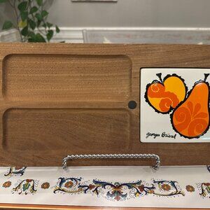 vintage Georges Briard teak wood and ceramic tile serving tray